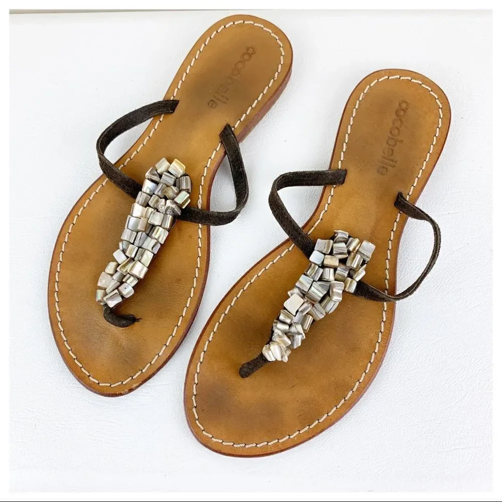 Cocobelle Brown Suede Leather Stone Beaded Thong Flat Sandal 10‎